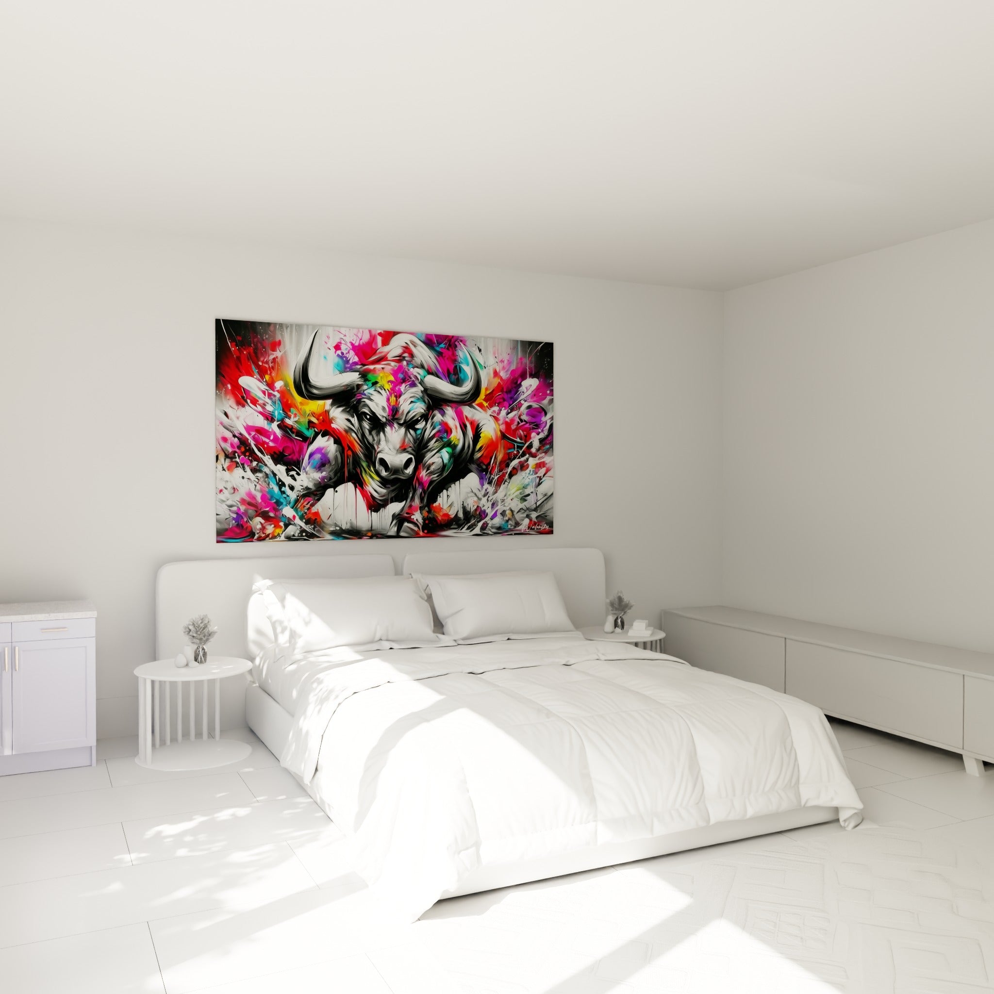 Cornes acérées et regard intense du taureau coloré, accroché au-dessus d'un lit dans une chambre claire