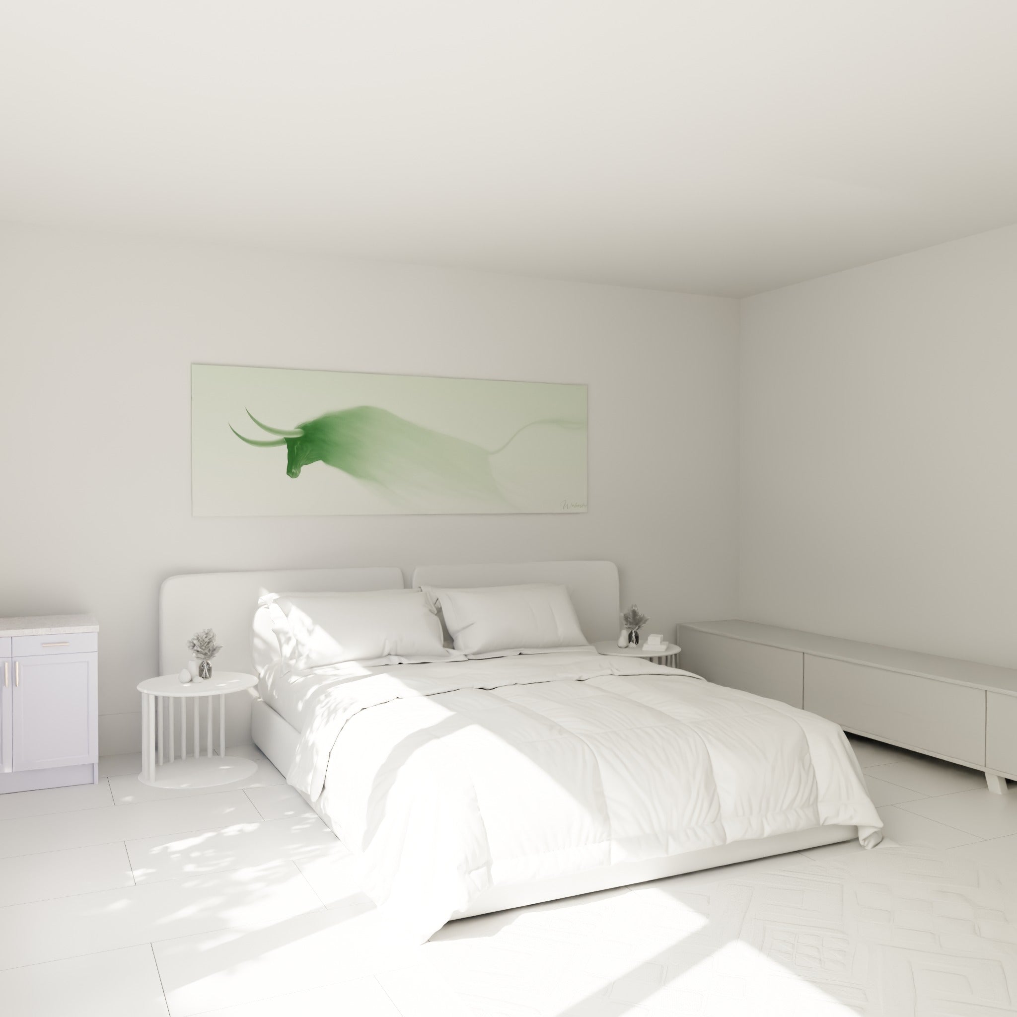 Silhouette de taureau vert sauge et blanc cassé, cornes fines, accrochée au-dessus d'un lit dans une chambre claire