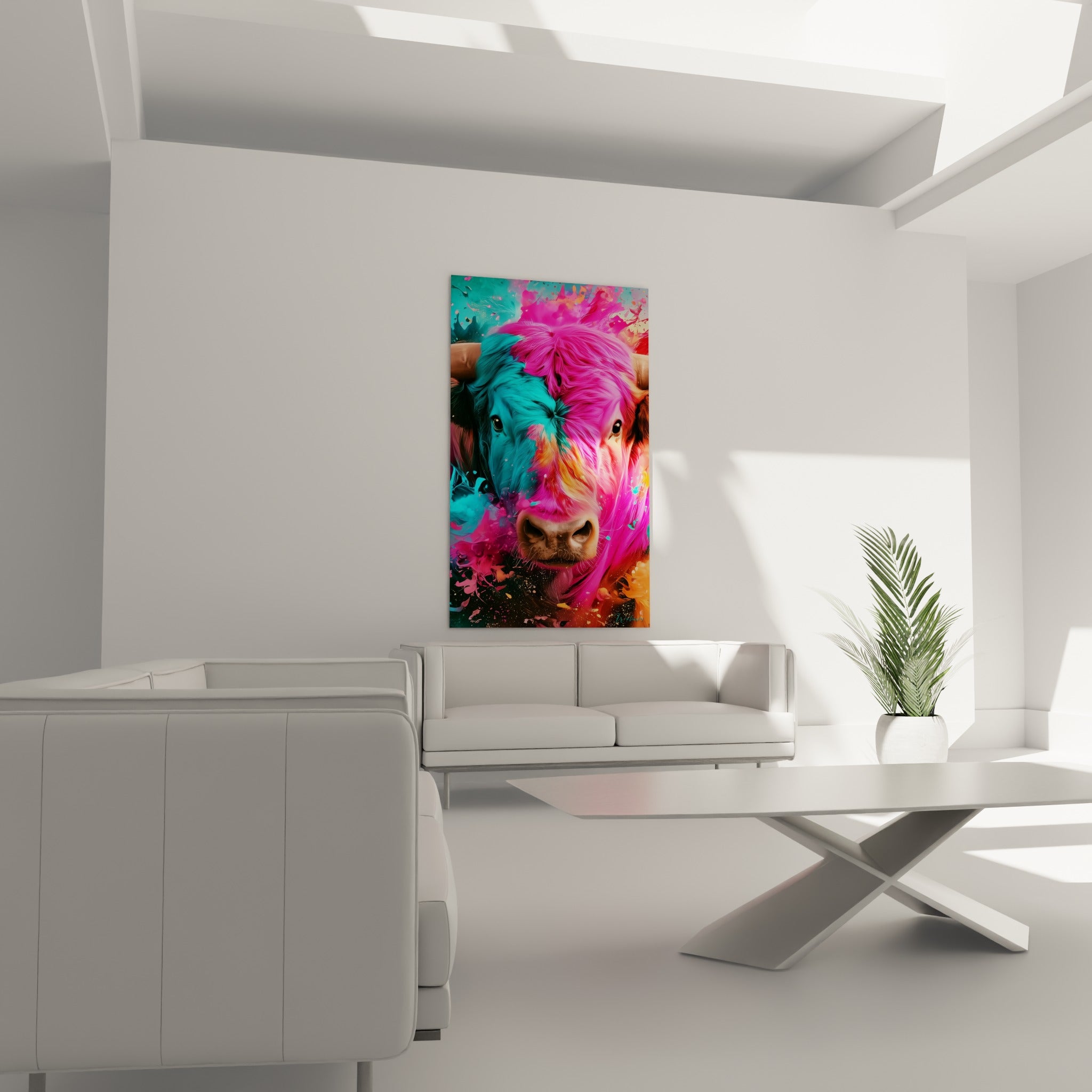Cornes et regard du taureau coloré surplombant un canapé dans un salon lumineux