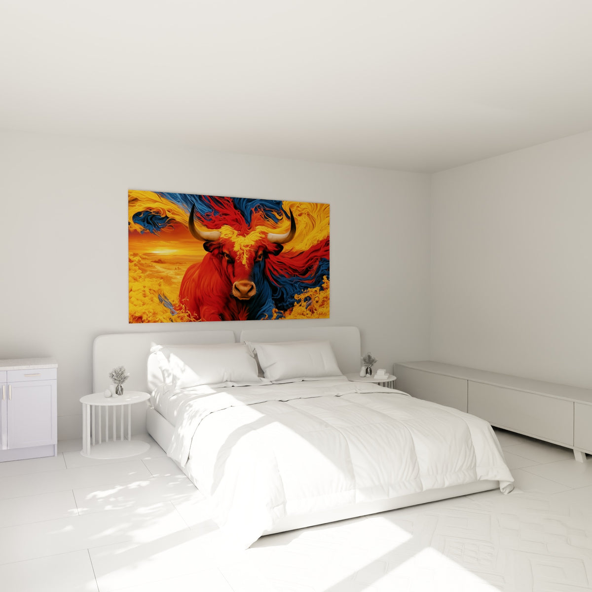Créature cornue rouge et bleu marine flamboyante au-dessus d'un lit dans une chambre claire