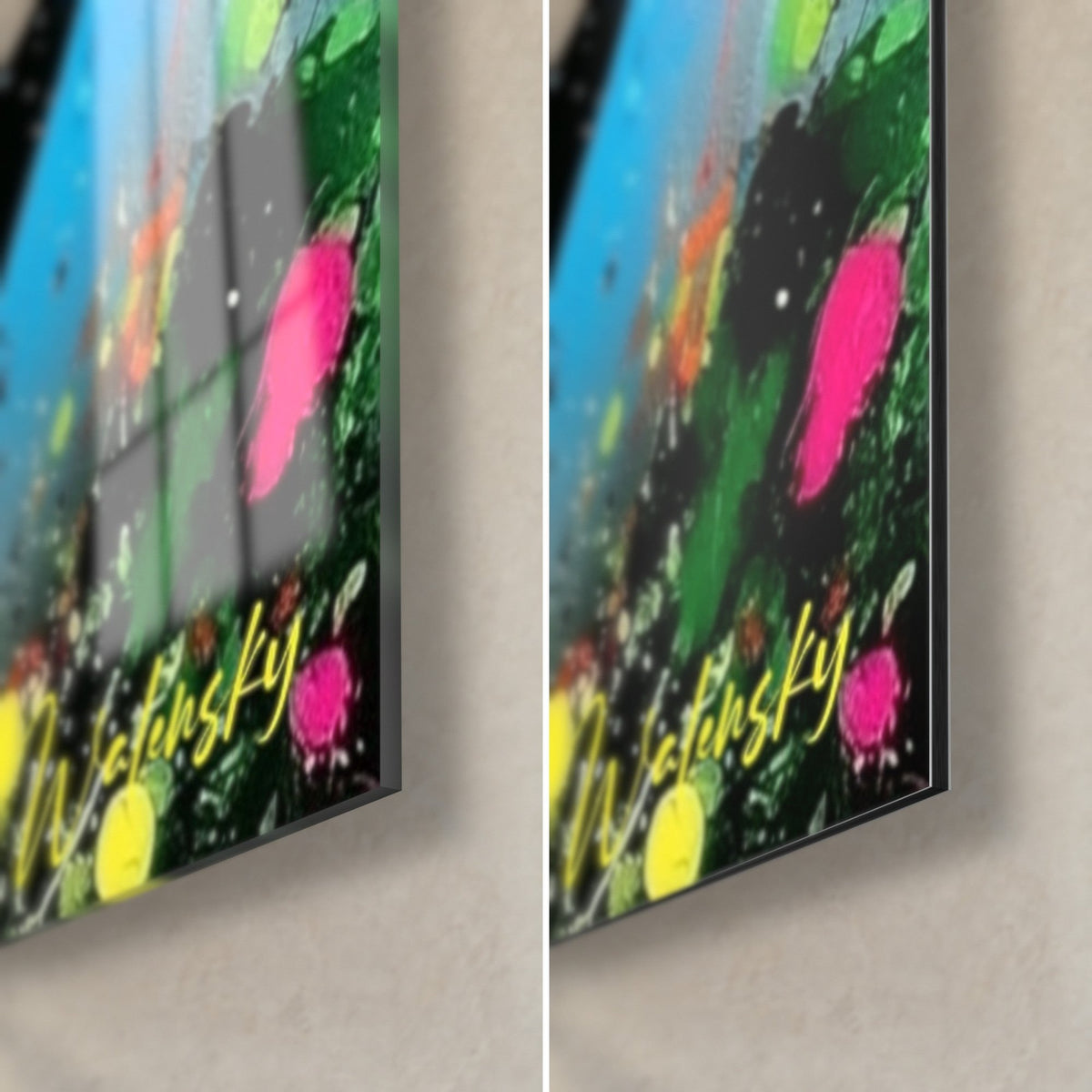 Wall art of a multicolored bull, bottom-right corner: green and pink splatters, yellow signature, glossy glass and matte Dibond, 3 mm edge