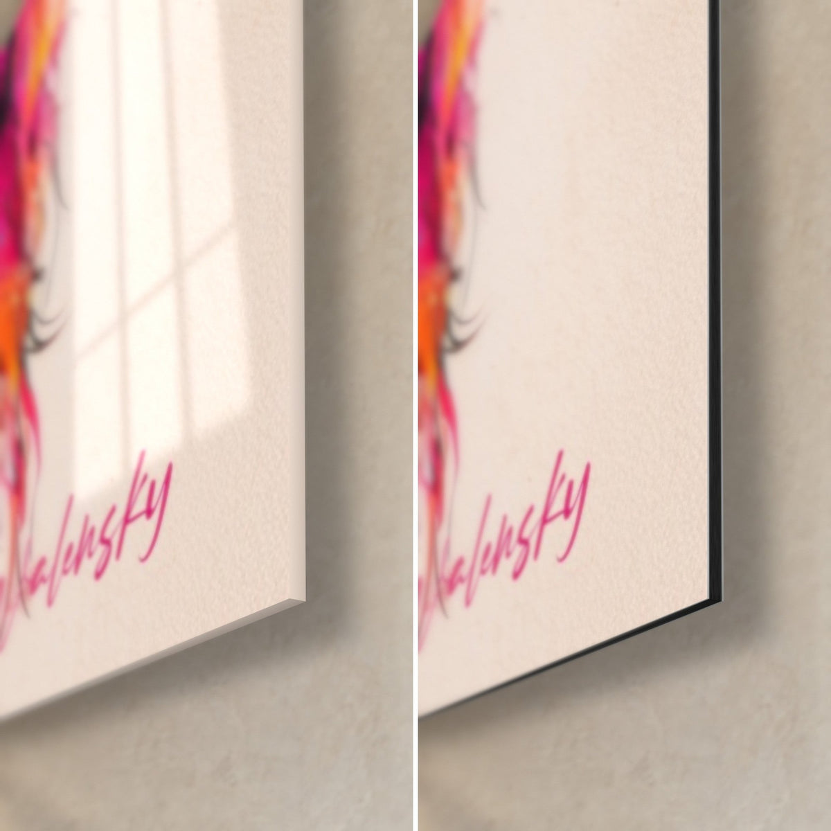 Wall art of a bovine painted in vivid pink and turquoise, bottom right corner, pink signature, glossy glass on the left, matte black Dibond on the right