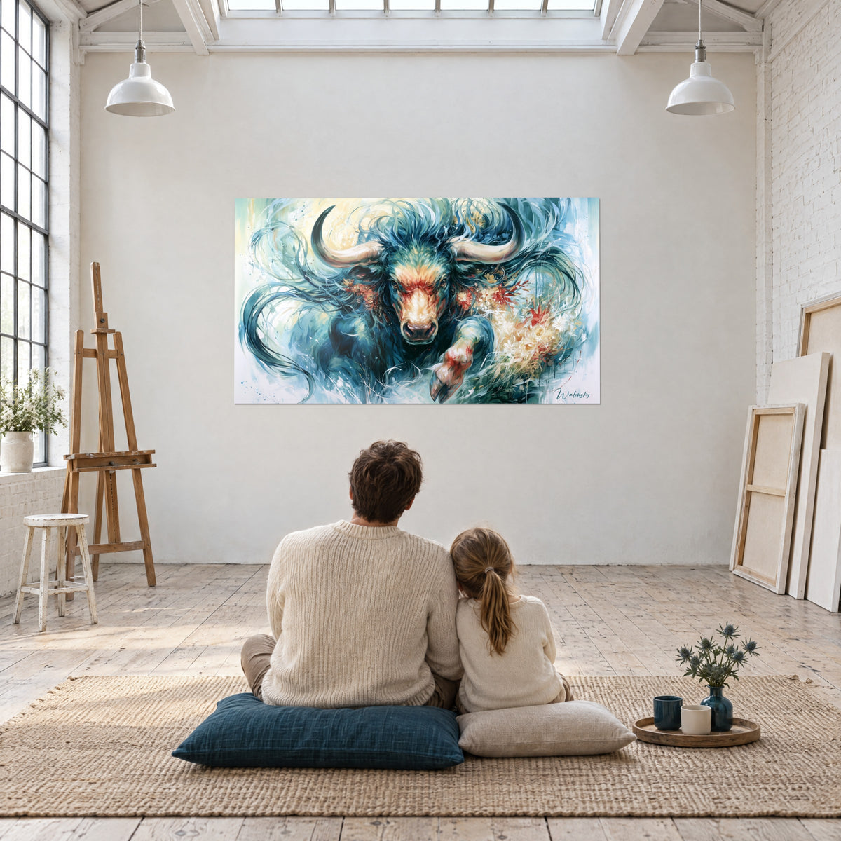 Tableau taureau chargeant dans un halo turquoise et crème, contemplé par un couple de dos assis au sol d'un atelier lumineux