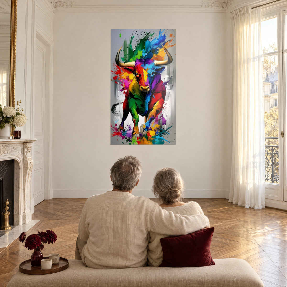 Quadro del muso ramato di un toro, criniera blu e viola su fondo grigio, di fronte a una coppia di spalle su un divano, salotto haussmanniano