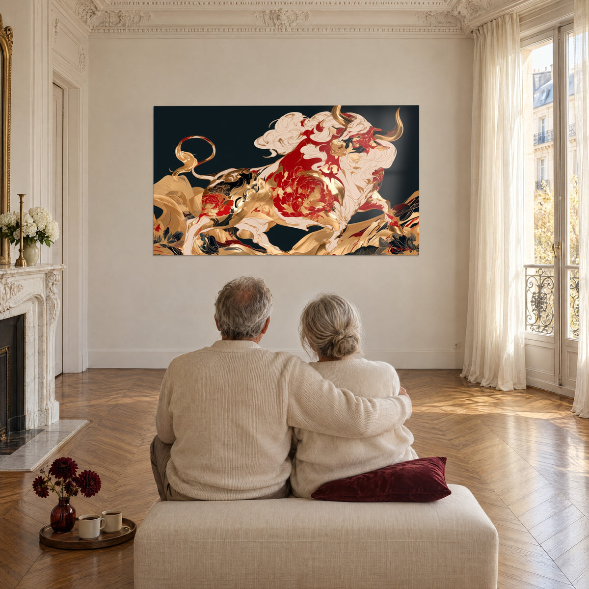 Wall art triumphant bull, golden horns, red floral motifs and ivory mane, watched from behind by a couple in a large living room