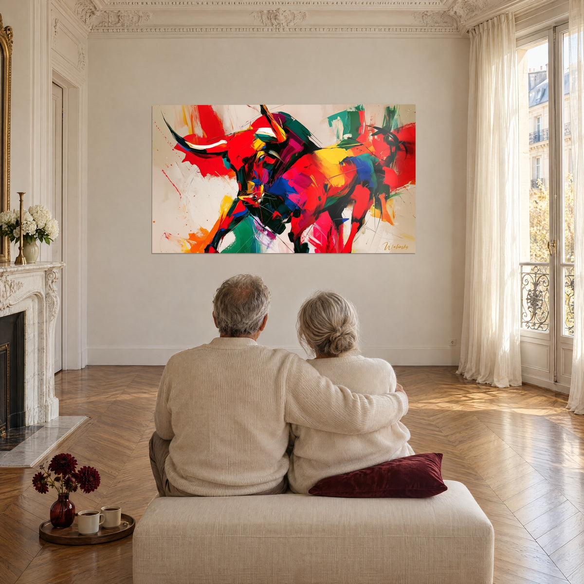 Tableau taureau puissant en rouge écarlate, touches de bleu roi et d'orange, mur blanc d'un grand salon haussmannien lumineux
