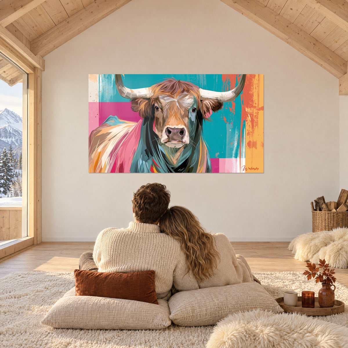 Cuadro animal de cuernos separados, tonos cobre, turquesa y rosa, franja amarilla a la derecha, bajo la armadura de un chalé de montaña