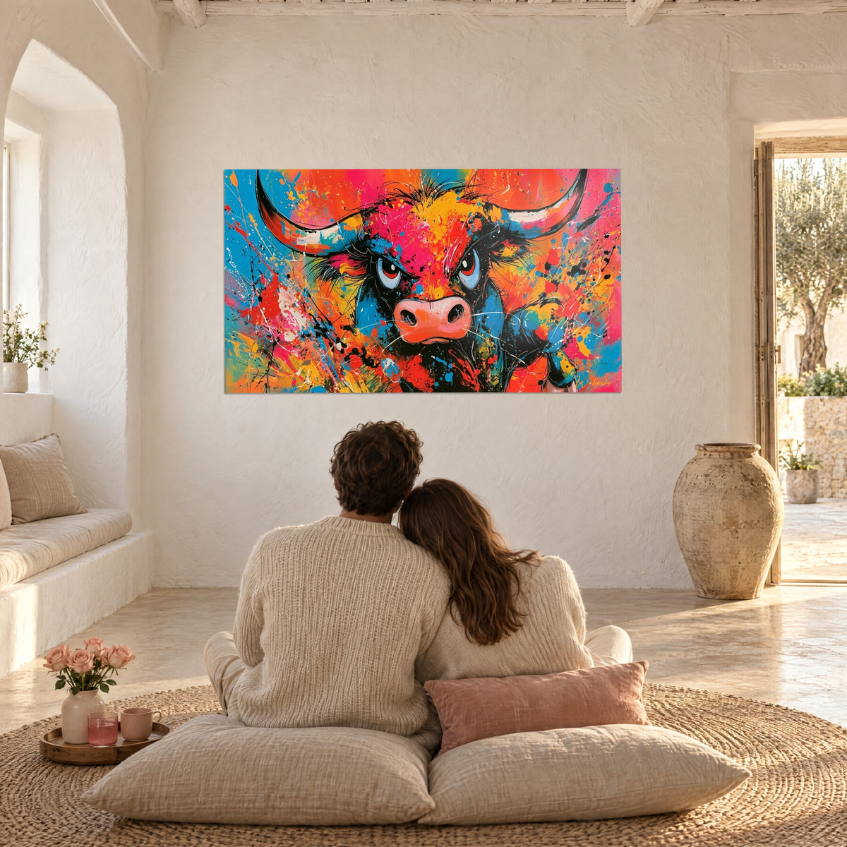Cuadro de morro de toro en pintura vibrante, rosa, naranja y azul, frente a una pareja sentada de espaldas sobre cojines beige