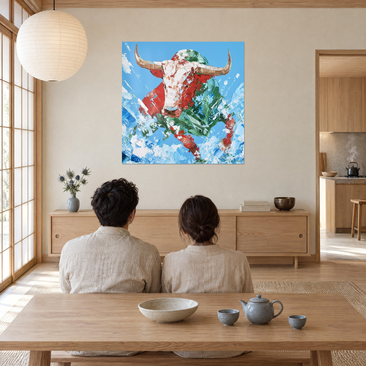 Quadro di un toro furioso dalle corna brune, campiture rosso vivo e verde menta, di fronte a una coppia seduta a un tavolino basso
