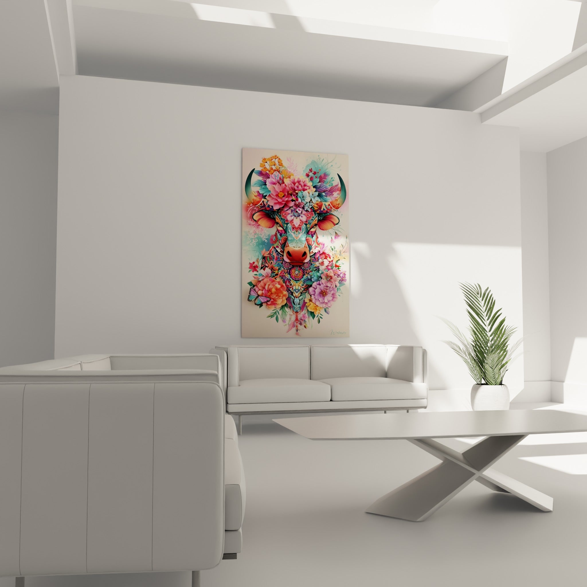 Couronne florale rose et lilas du taureau ornemental au-dessus d'un canapé dans un salon lumineux