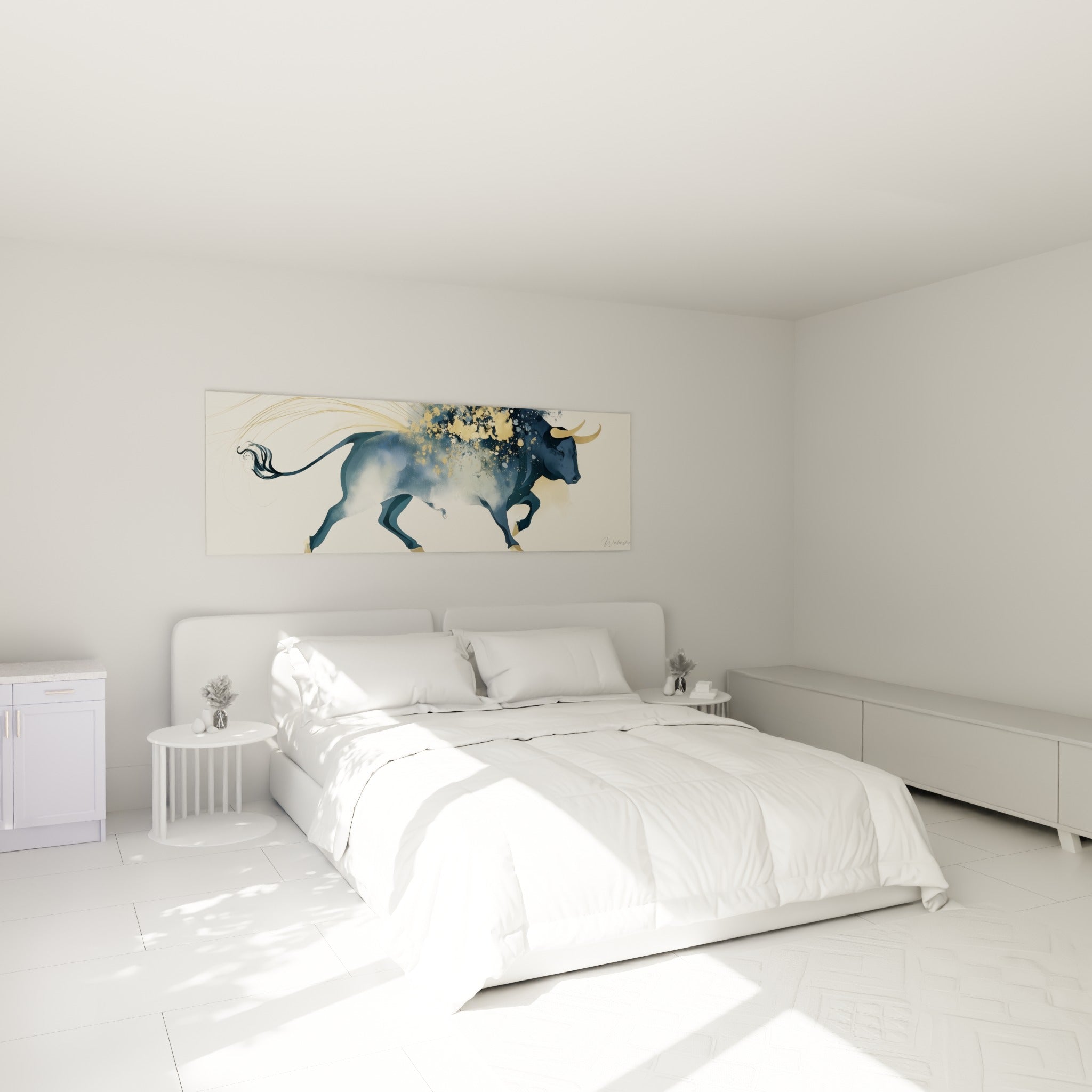 Silhouette de taureau bleu marine et doré au-dessus d'un lit dans une chambre claire