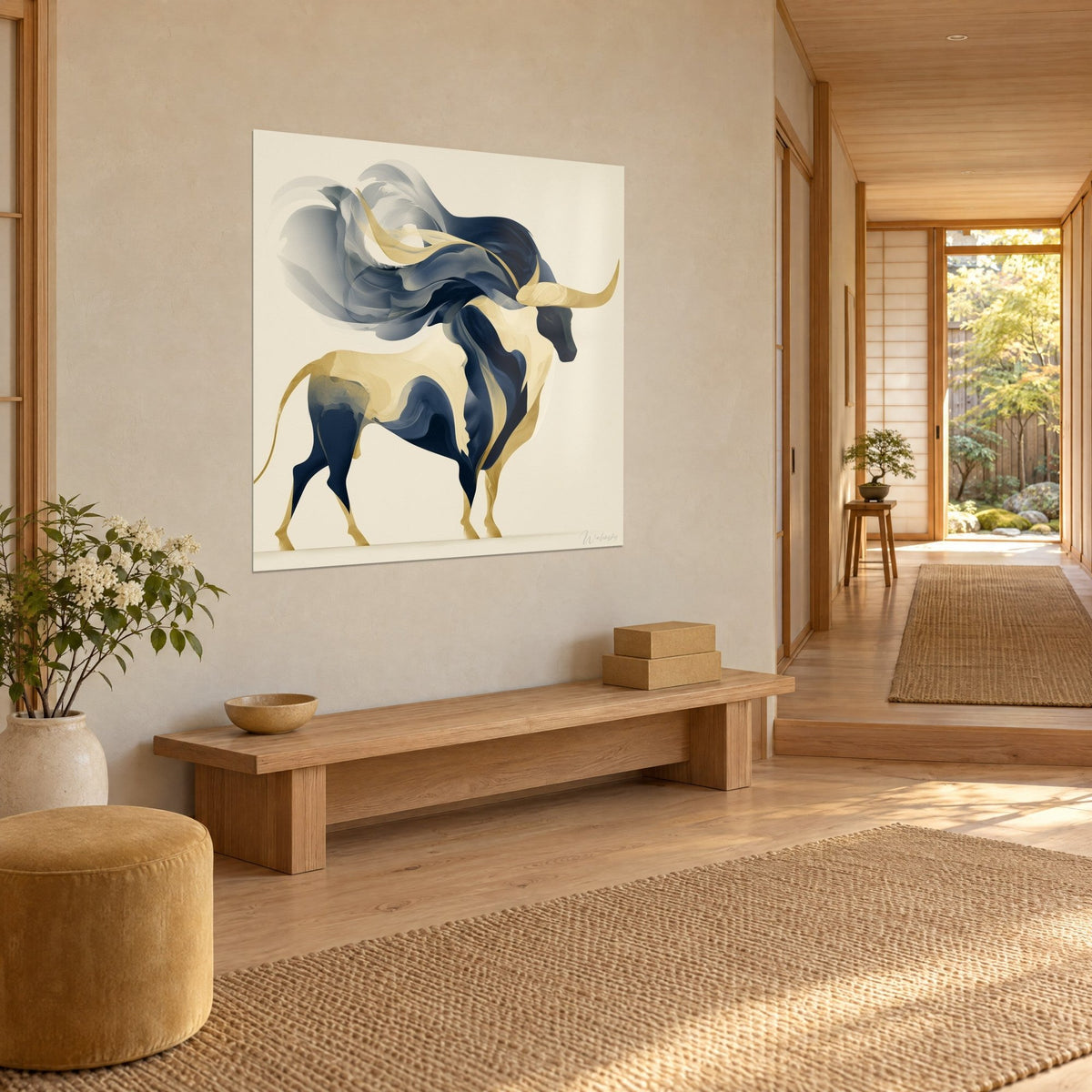 Quadro di un bovino con fianchi crema e oro, criniera di fumo blu notte, di tre quarti su una parete beige japandi