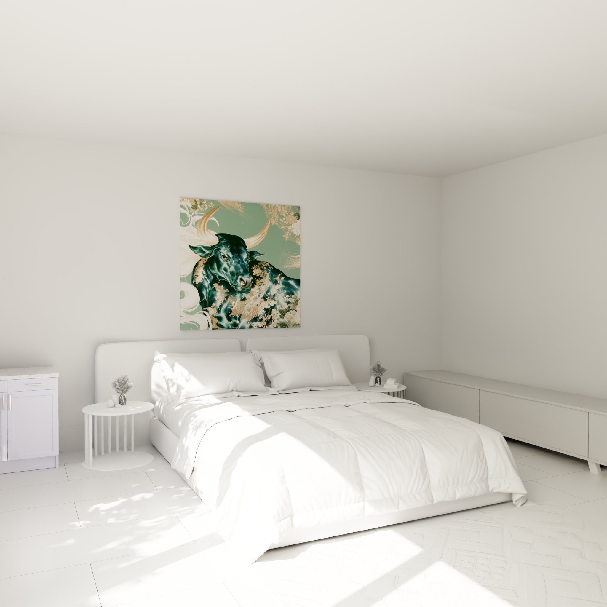 Museau sombre et cornes dorées du taureau émeraude, accroché au-dessus d'un lit dans une chambre claire.