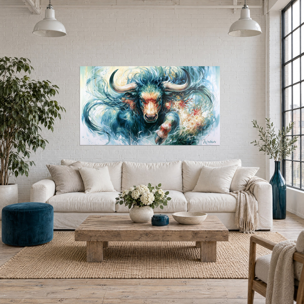 Tableau taureau bleu-vert aux cornes ivoire, fleurs rouges éclatées sur son flanc, au-dessus d'un canapé dans un salon lumineux
