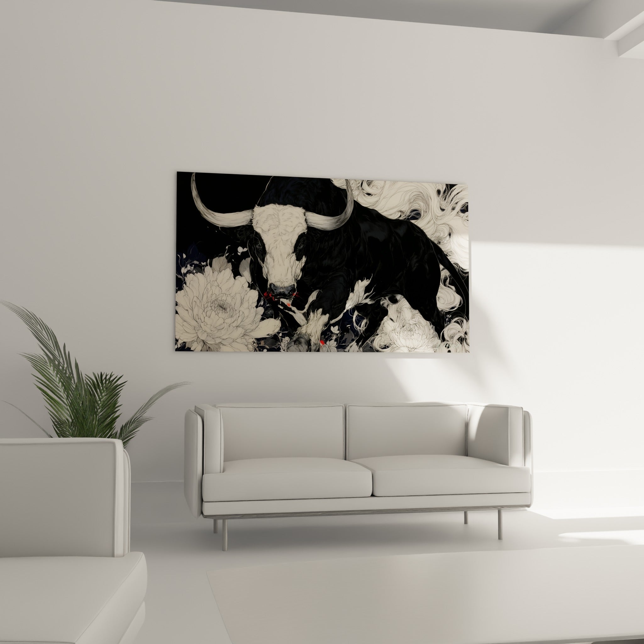 Taureau anthracite crinière blanche ondulée au-dessus d'un canapé dans un salon lumineux