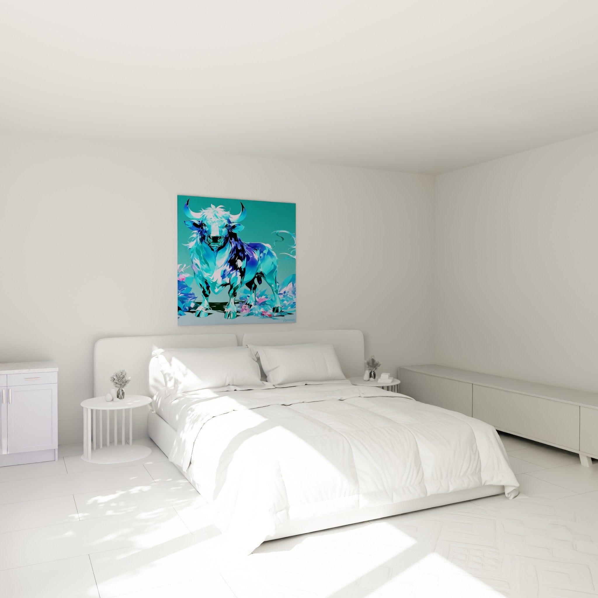 Silhouette de taureau turquoise et rose, cornes puissantes, au-dessus d'un lit dans une chambre claire