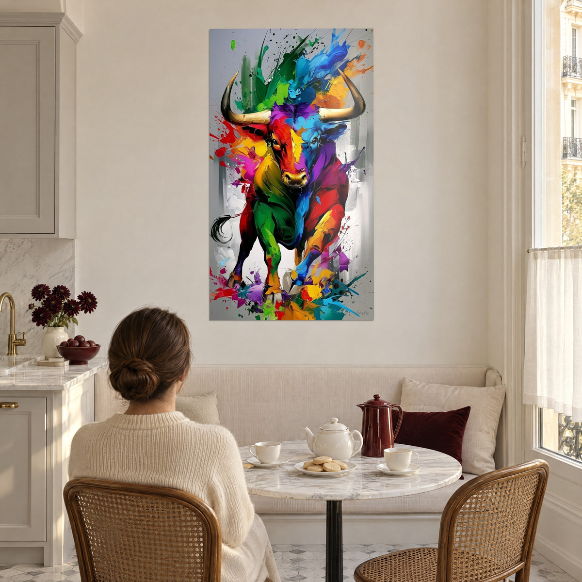 Quadro di un bufalo variopinto dalle corna avorio, zampe verdi e gialle, in una cucina bianca, una donna di spalle beve il tè