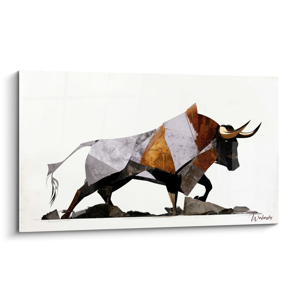 Tableau Taureau gris et cuivre au corps fragmenté - Pierres éparses au sol - Edition Taureau