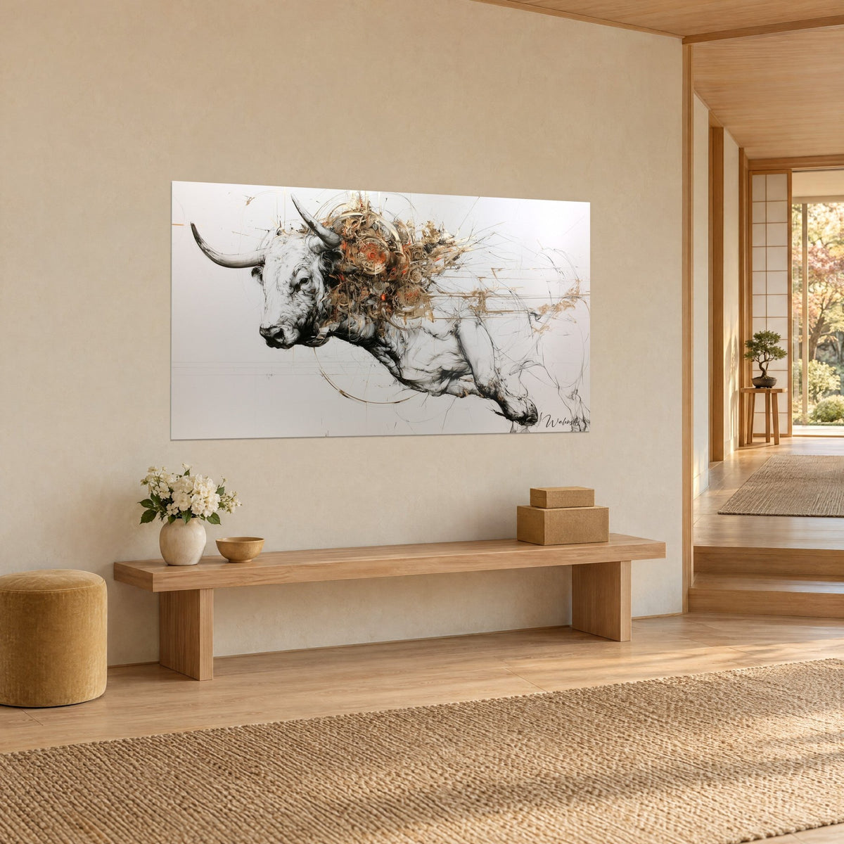 Quadro toro in salto con tratti di inchiostro nero, corna grigie e meccanismo color rame dorato, sfondo avorio, vista di tre quarti in un corridoio