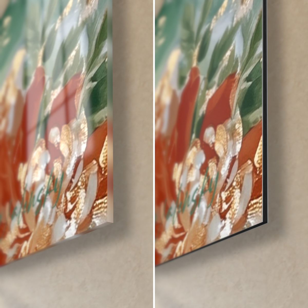 Tableau bête cornue vert profond, coin bas droit : verre brillant à reflets, alu Dibond mat noir et tranche fine de 3 mm