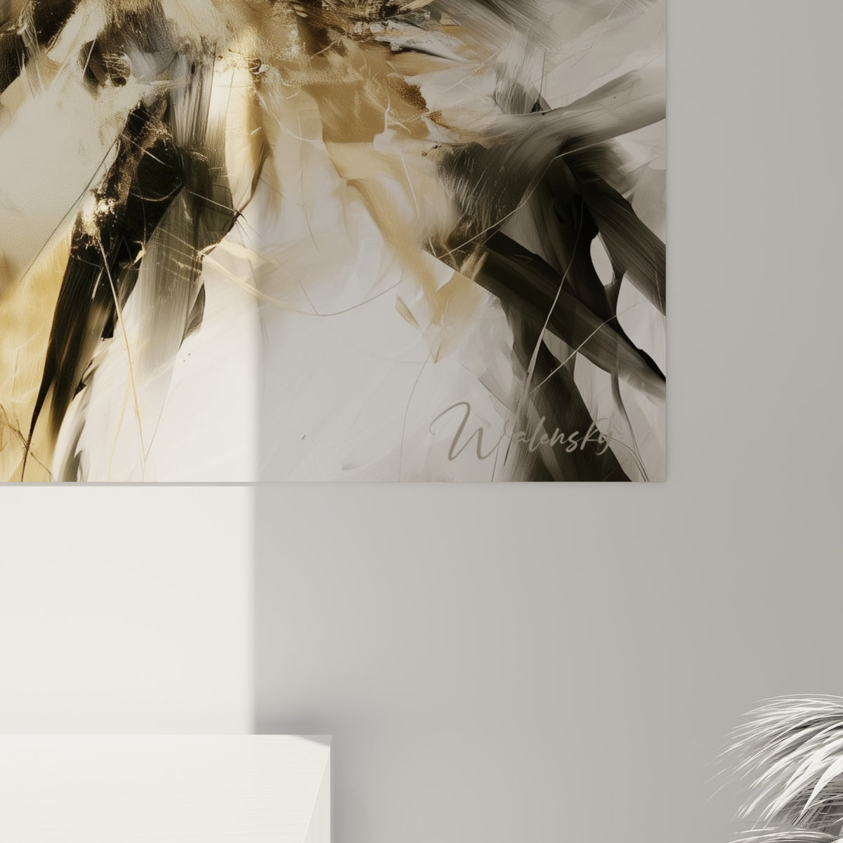 Détail des empâtements dorés et coulures noires sur la toile, matière épaisse et grain visible du taureau