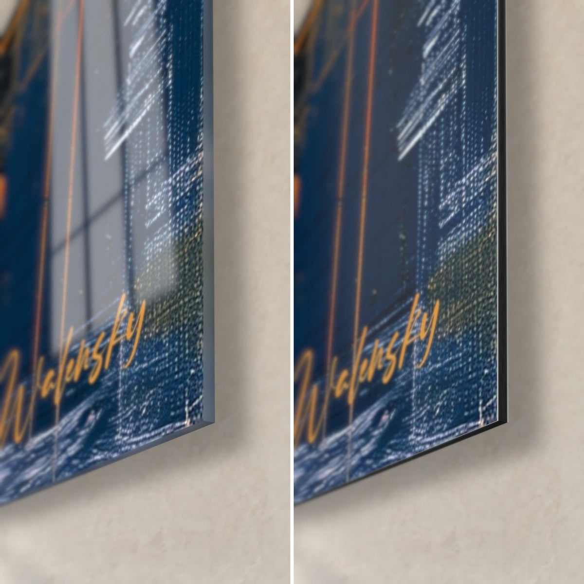 Wall art of a blue and orange bull, bottom right corner: glossy acrylic glass on the left, matte Dibond aluminium on the right, 3 mm edge