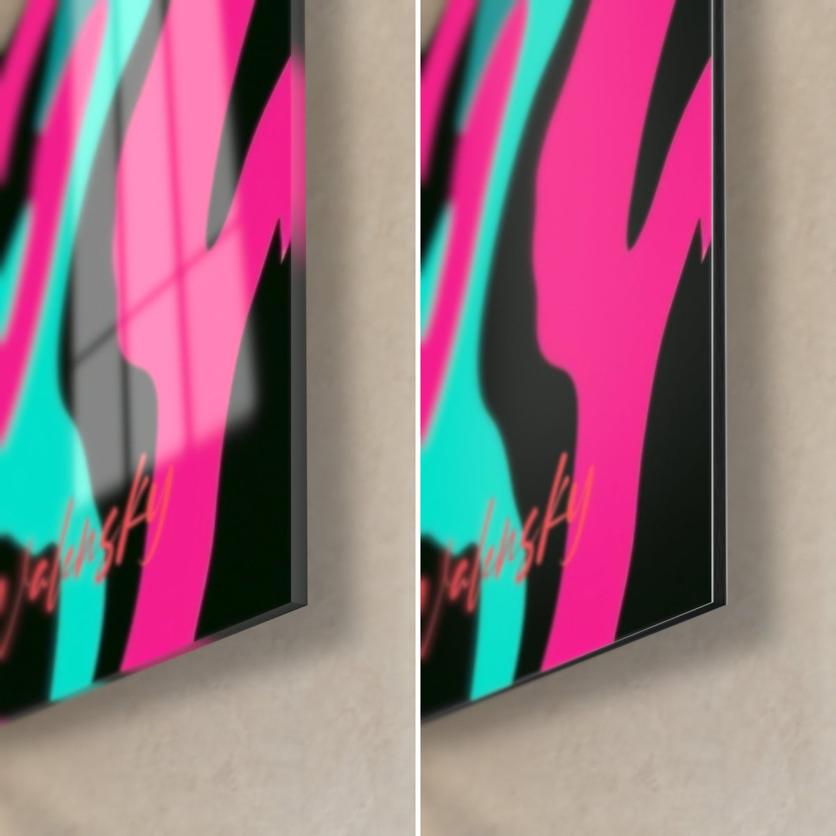 Wall art striped bull, bottom right corner: glossy glass with reflections on the left, matte Dibond on the right, 3 mm black edge
