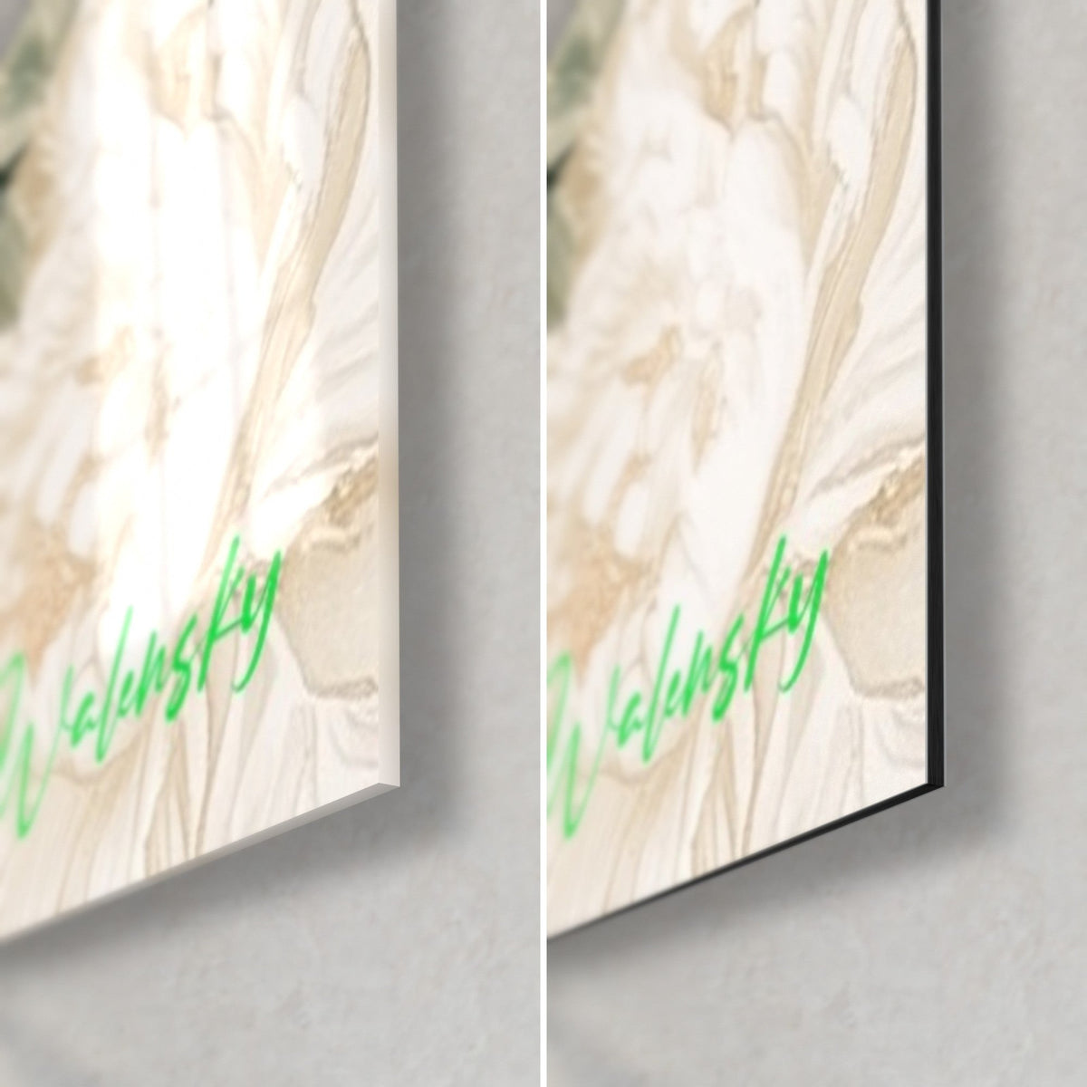 Gemälde Dunkler Büffel und cremefarbene Pfingstrosen, untere rechte Ecke: glänzendes Acrylglas links, mattschwarzes Dibond rechts, 3 mm Kante