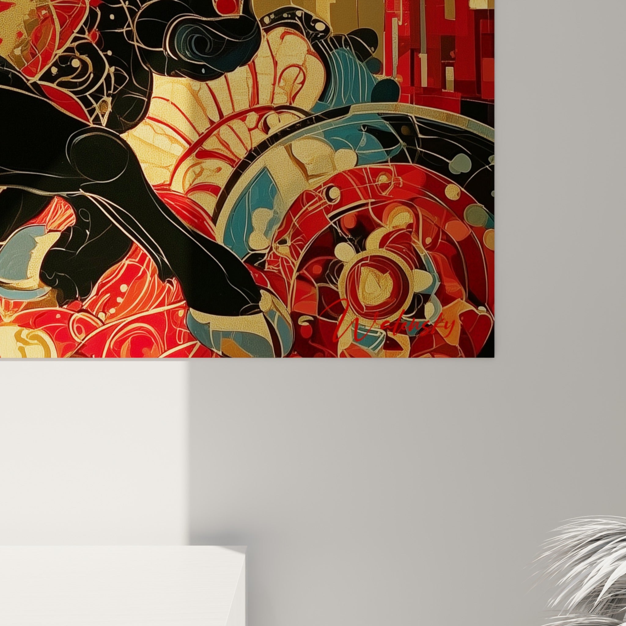 Grain brillant révélant les veines dorées et le rouge profond des motifs floraux du taureau