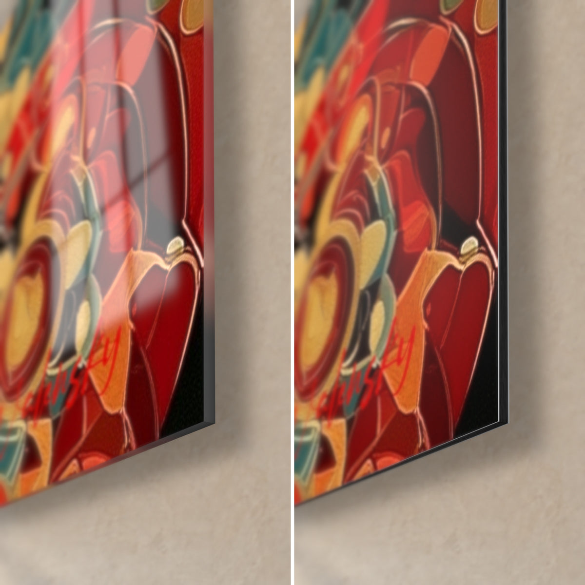 Schilderij van een stier in vermiljoenrood en goud, rechtsonder: glanzend glas links, mat Dibond aluminium rechts, dikte 3 mm