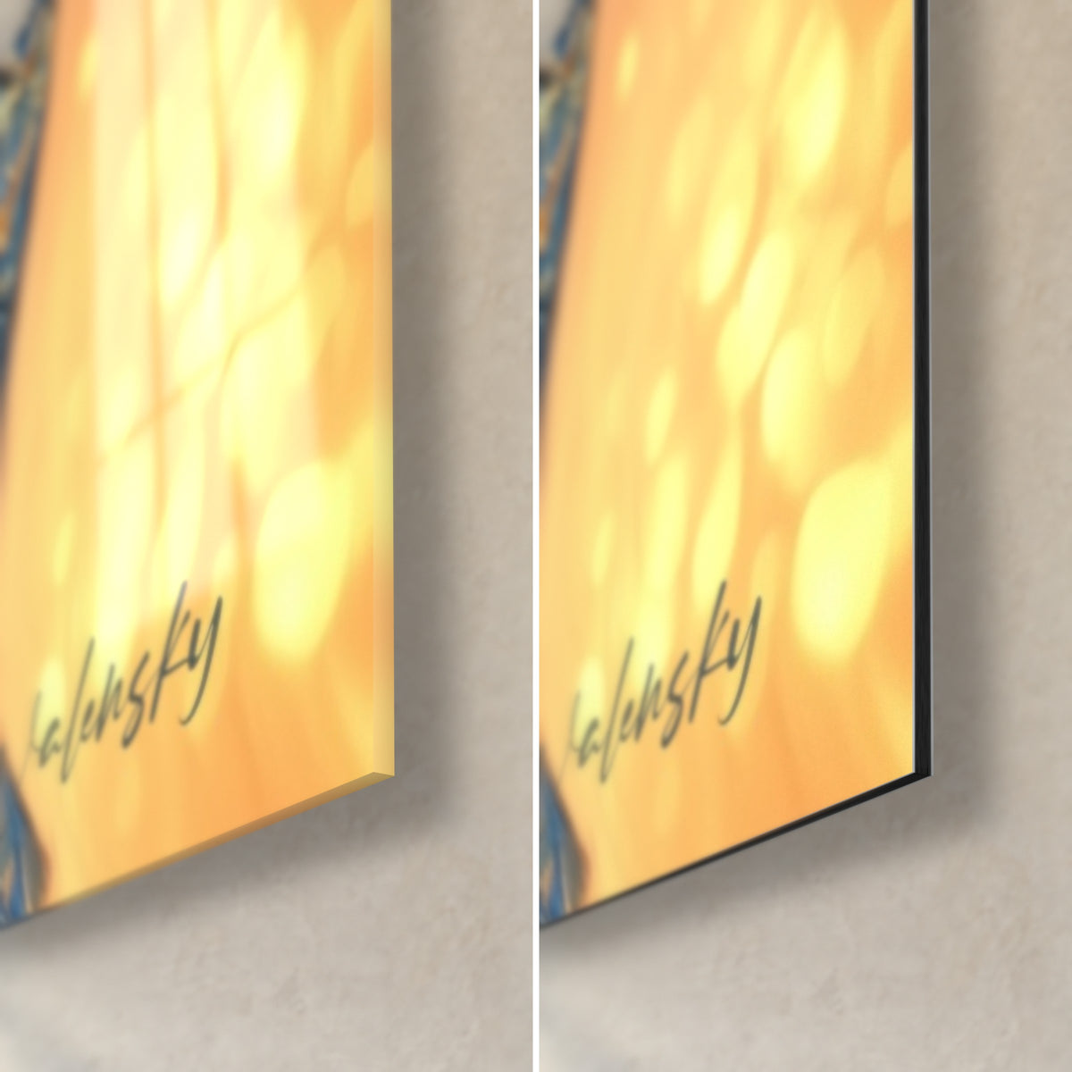 Quadro toro blu e oro, angolo in basso a destra: vetro acrilico lucido con riflessi, alluminio Dibond opaco, spessore 3 mm