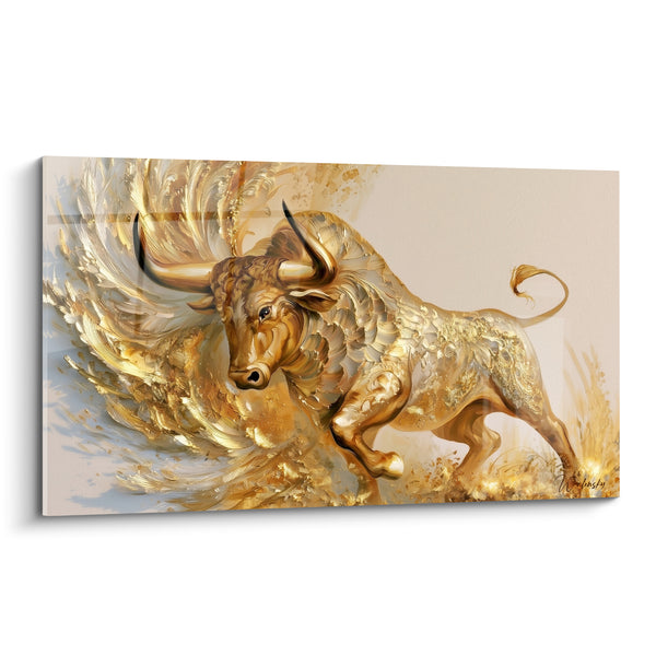 Tableau Taureau doré aux ailes d'or ivoire - Élan triomphal - Edition Taureau