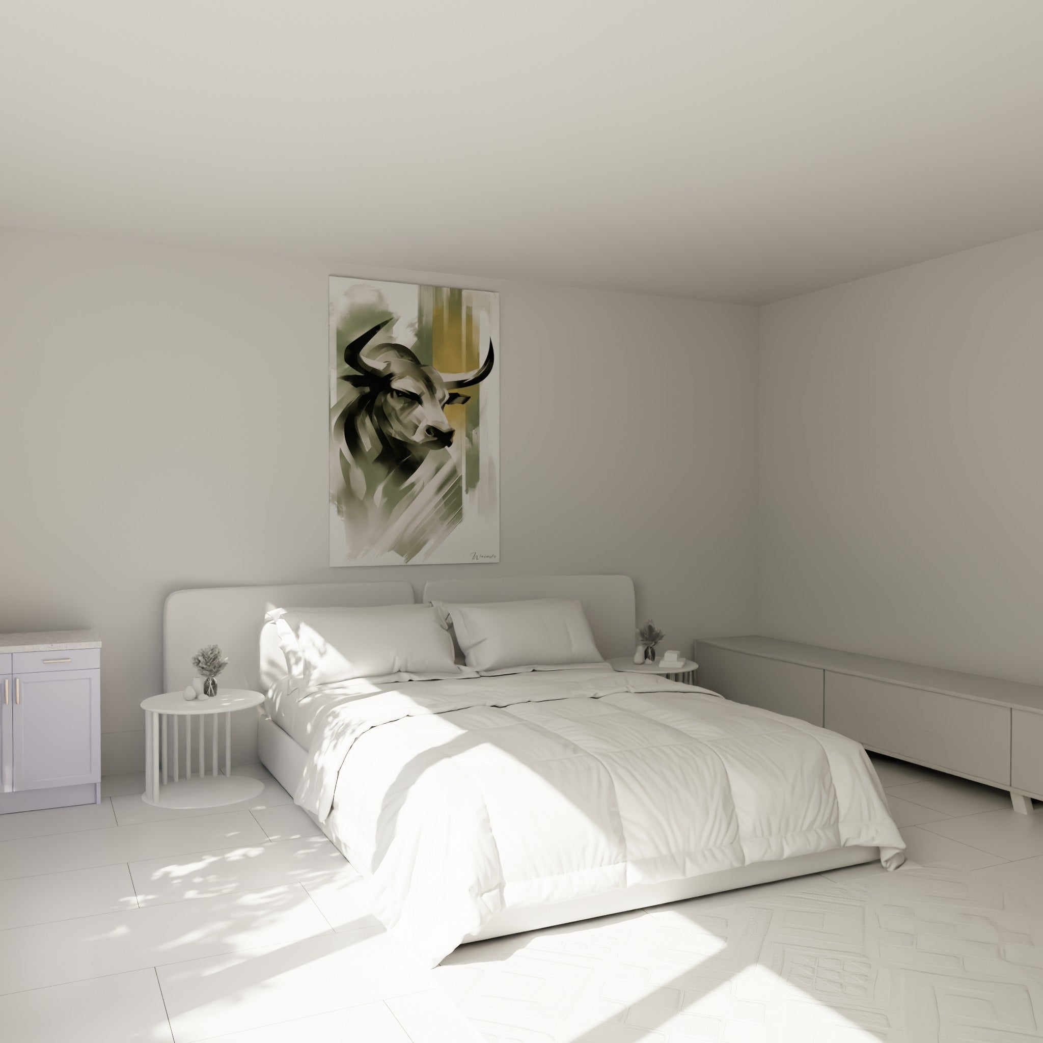 Taureau doré aux cornes sombres accroché au-dessus d'un lit dans une chambre claire