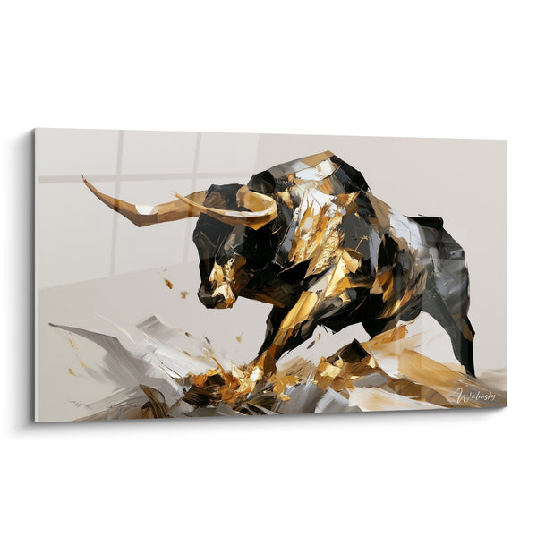 Tableau Taureau anthracite et doré à cornes fracturées - Impact fulgurant - Edition Taureau