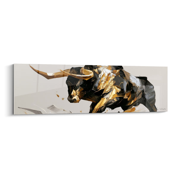 Tableau Longhorn noir et doré aux fragments anguleux - Ombre projetée au sol - Edition Taureau