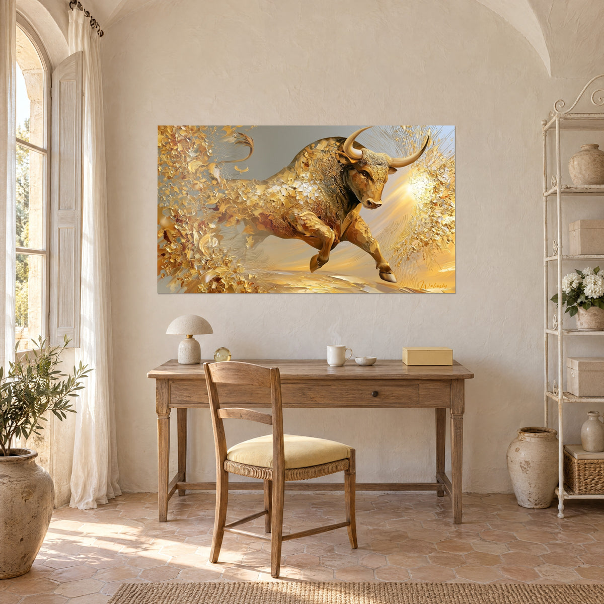 Schilderij gehoornd roofdier in vuurkleur met spiraalvormige gouden bladhoorns, witte zon rechts, aan een crèmekleurige muur boven een houten bureau