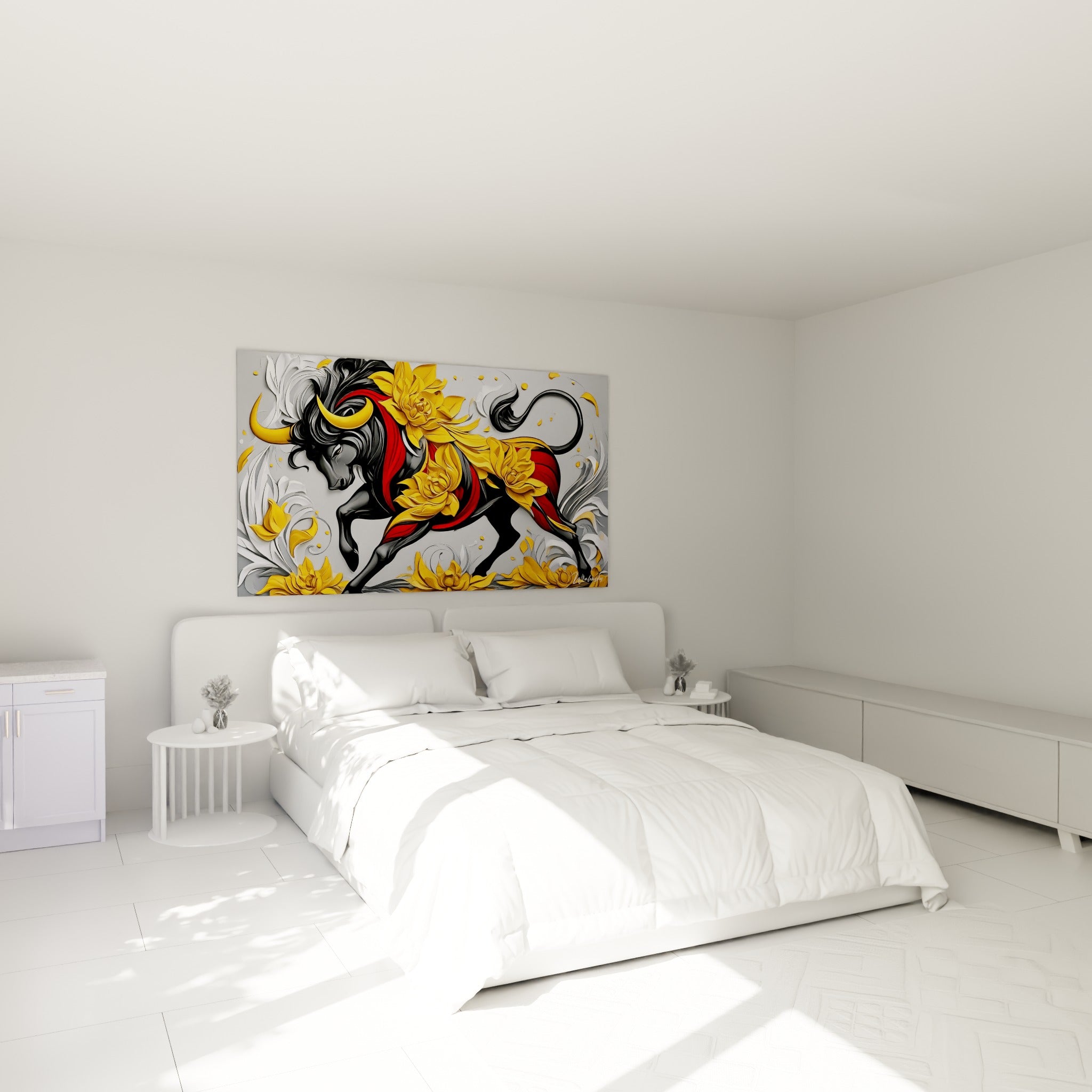 Silhouette de taureau noir aux pétales dorés et rouges, au-dessus d'un lit dans une chambre claire