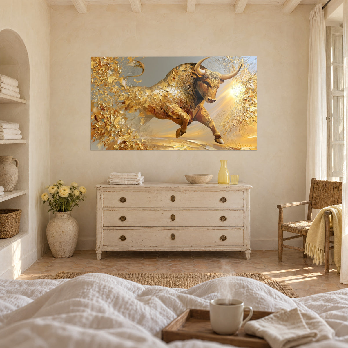 Schilderij gouden buffel met gefacetteerde flanken in saffraan en parelmoerwit, hoeven in de lucht, boven een bed in een lichte slaapkamer