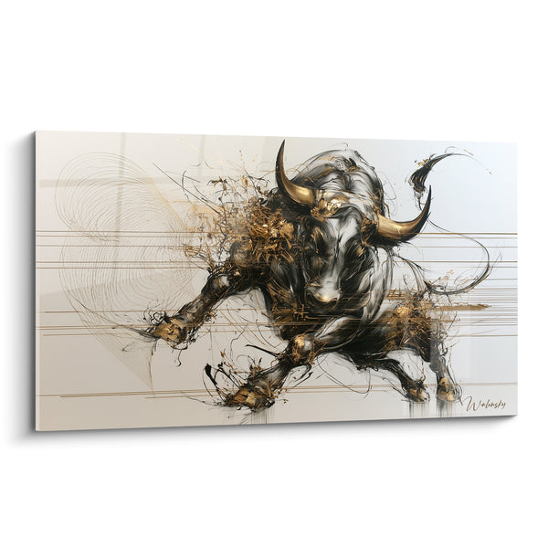 Tableau Taureau noir et doré aux lignes filiformes - Silhouette en spirale - Edition Taureau