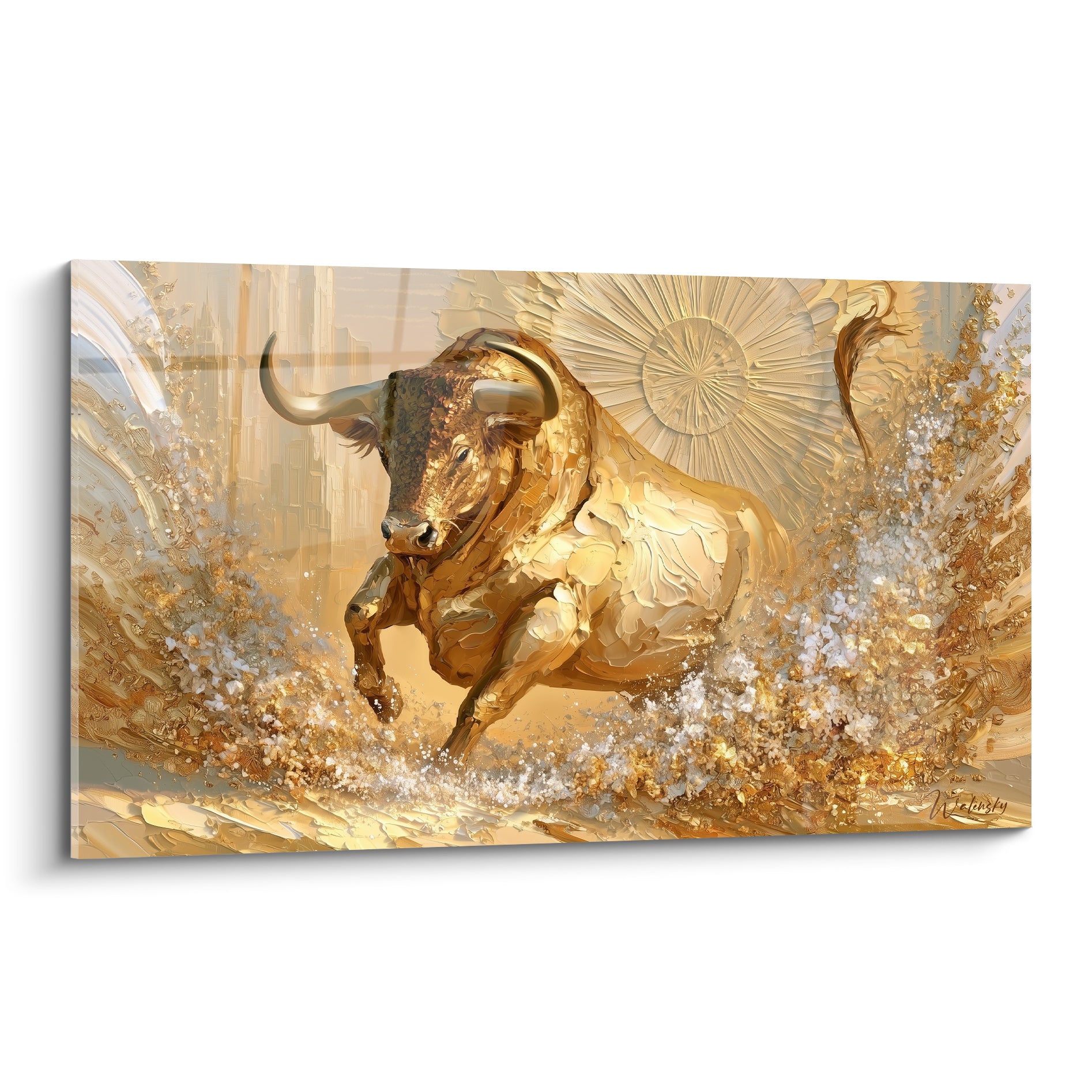 Taureau doré chargeant en avant, cornes recourbées, écume blanche et bronze éclatant autour de lui