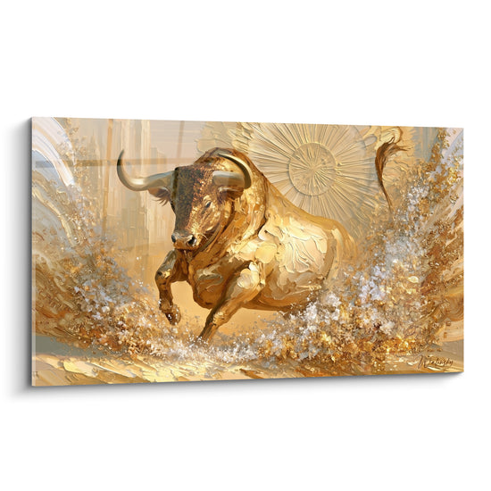 Taureau doré chargeant en avant, cornes recourbées, écume blanche et bronze éclatant autour de lui