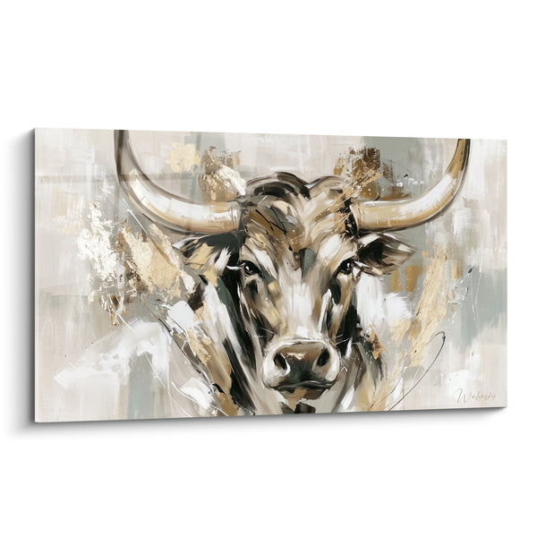 Tableau Longhorn beige et blanc au fond gris perlé - Éclats de feuille dorée - Edition Taureau