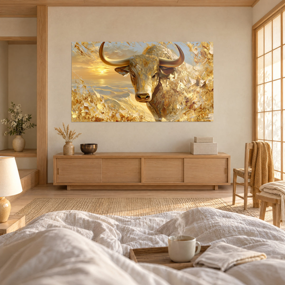 Wall art buffalo with golden horns in a swirl of gold leaf and cream tones, oak chest of drawers, above a bed in a light bedroom
