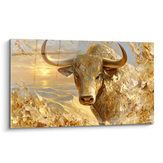 Taureau doré aux cornes recourbées, tête frontale sculptée en relief, ciel bleu pastel au coucher de soleil
