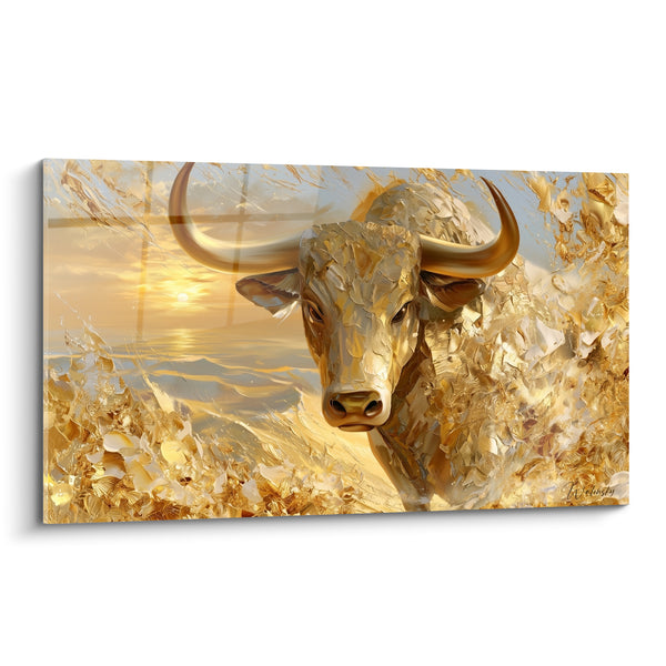 Tableau Taureau doré aux longues cornes recourbées - Émergence solaire - Edition Taureau