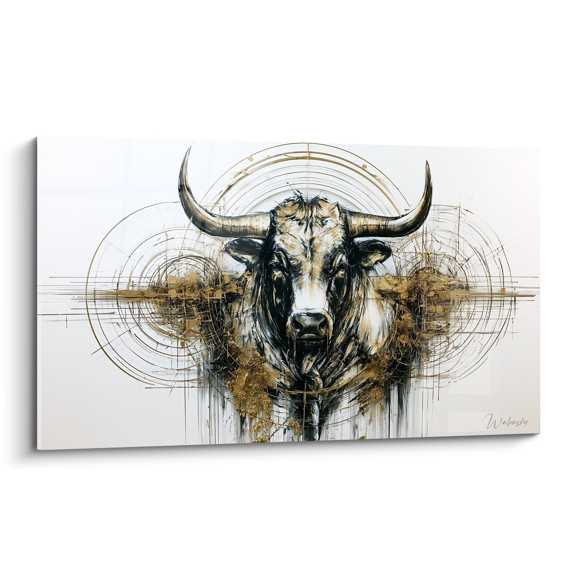 Taureau doré et noir aux cornes massives, cercles graphiques dorés sur fond blanc épuré
