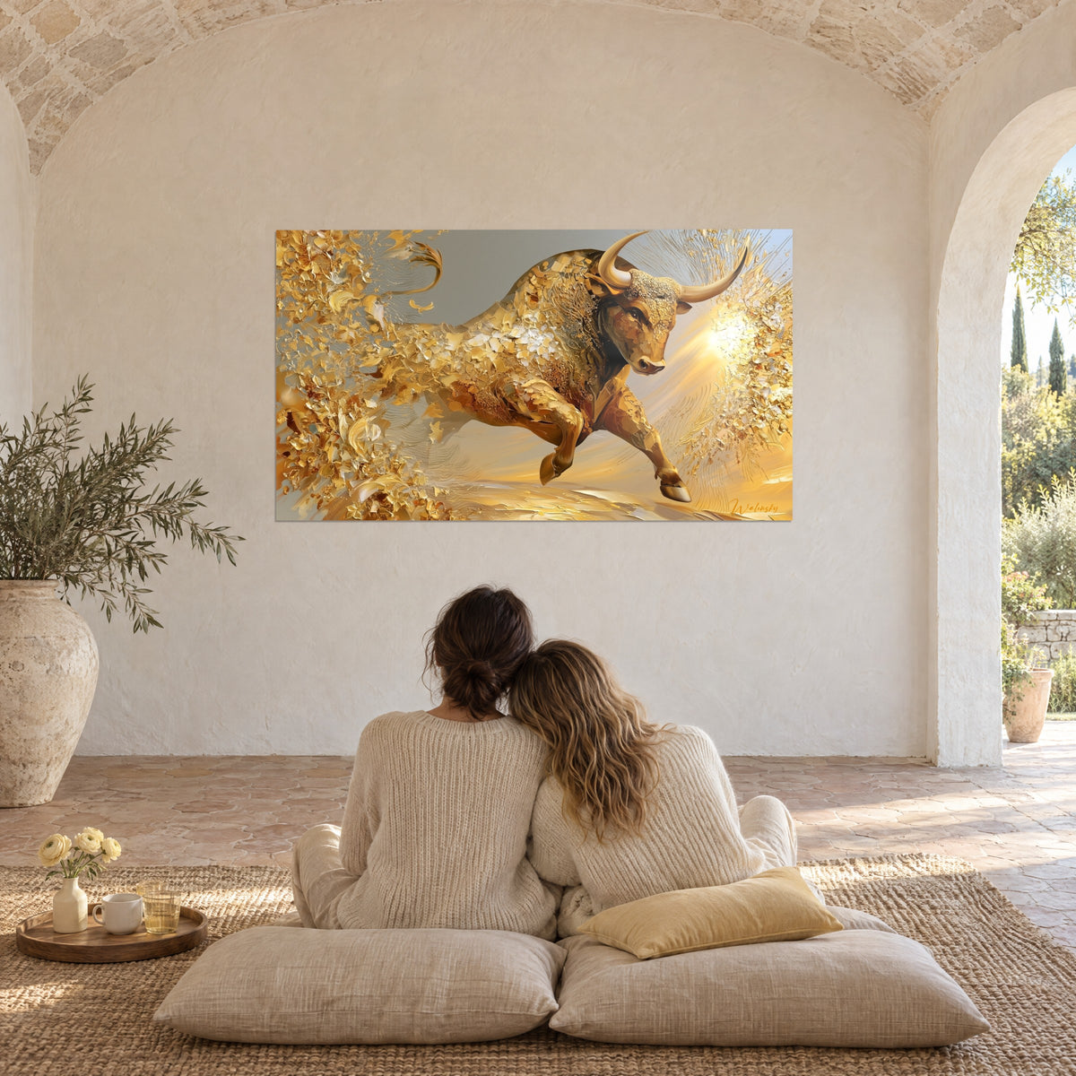 Schilderij aanvallende stier in goudbruin, gouden glans en crèmewitte accenten, tegenover twee mensen met de rug naar de kijker op kussens