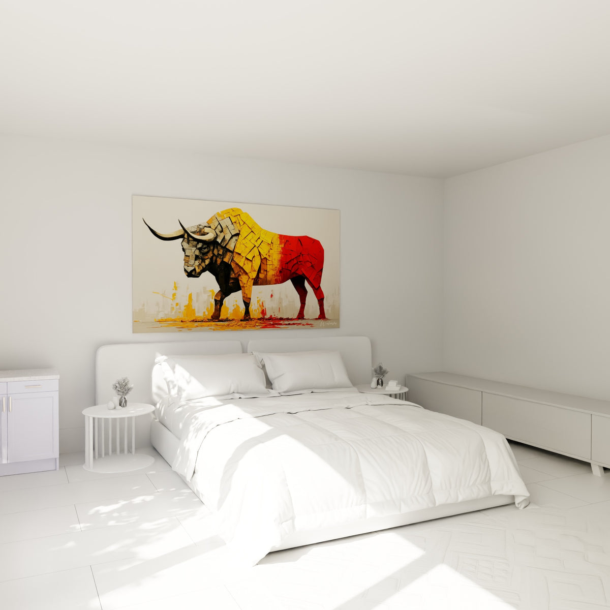 Silhouette de taureau doré et rouge feu au-dessus d'un lit dans une chambre claire