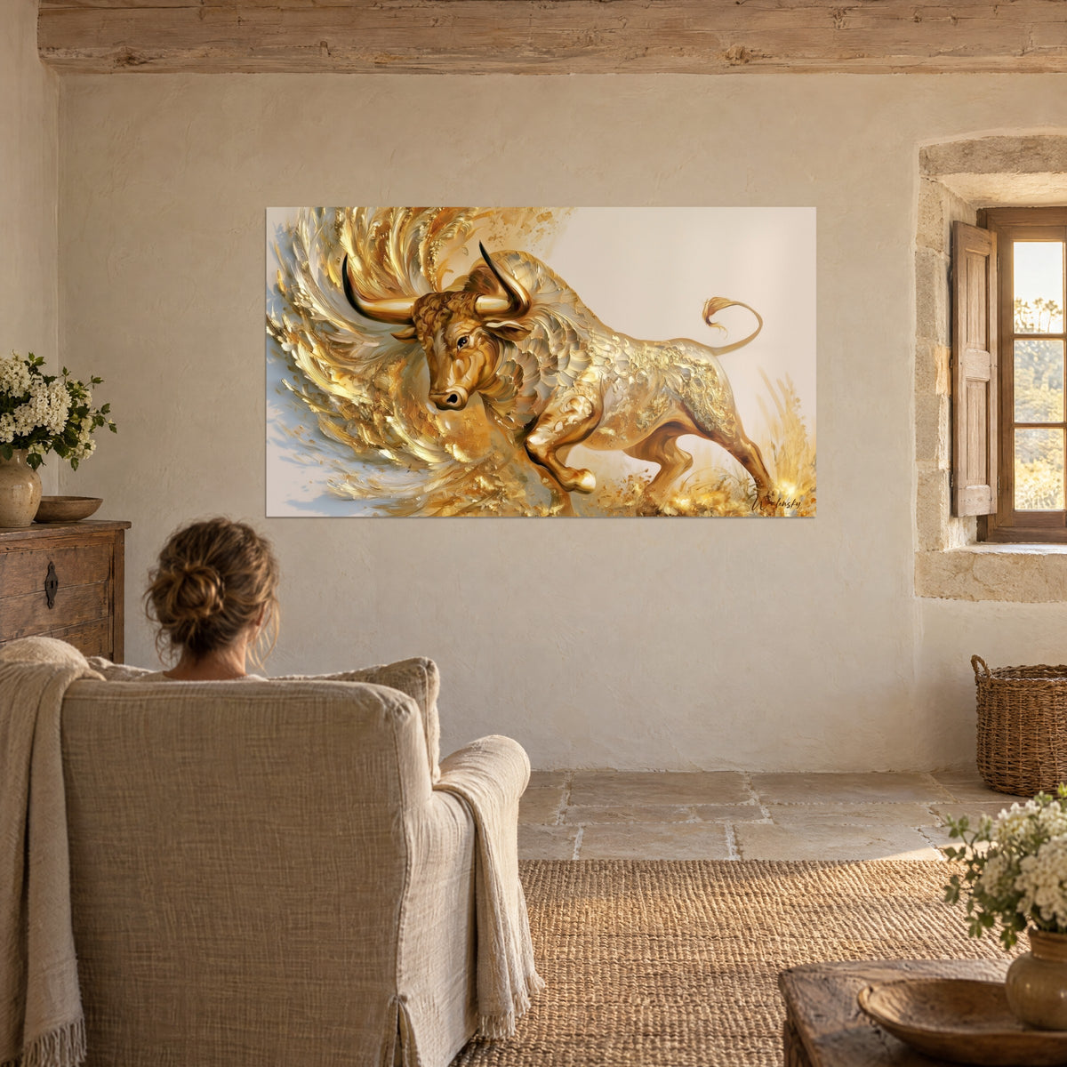 Cuadro de un poderoso bóvido dorado con alas marfil, contemplado de espaldas por una mujer en un sillón de lino, junto a una ventana de piedra