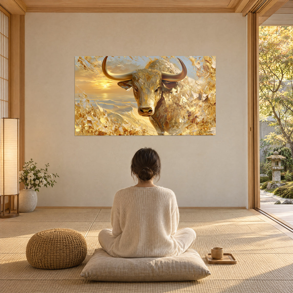 Wall art solar beast with amber horns against saffron reflections and golden foam, woman seen from behind meditating, Japandi room